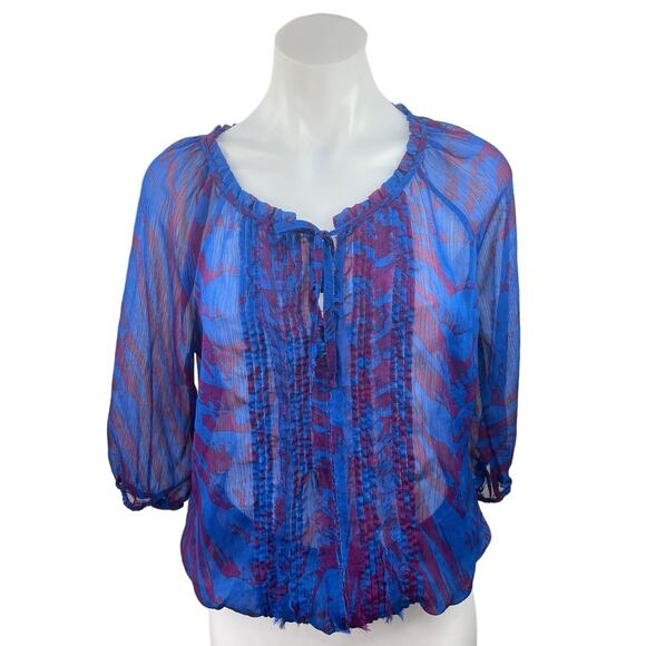 Express Blue Purple Zebra Print Pleated Ruffle Neck Sheer Pop Over Blouse Top M - Picture 1 of 4
